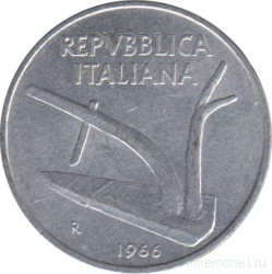 Монета. Италия. 10 лир 1966 год.