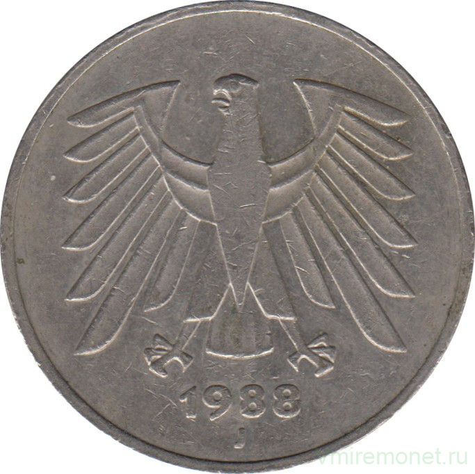 Монета. ФРГ. 5 марок 1988 год. Монетный двор - Гамбург (J).