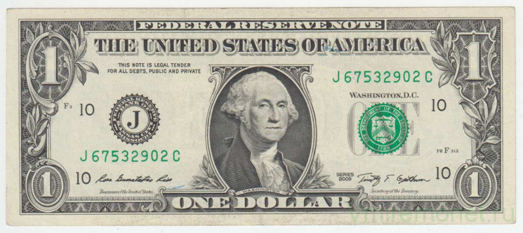 Банкнота. США. 1 доллар 2009 год. Серия J. Тип 530.