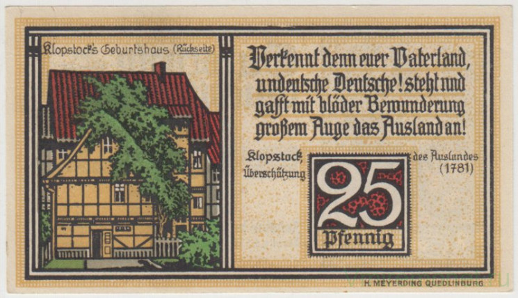 Бона. Нотгельд. Германия. Город Кведлинбург. 25 пфеннигов 1921 год. Вариант 1087.1.c.1.