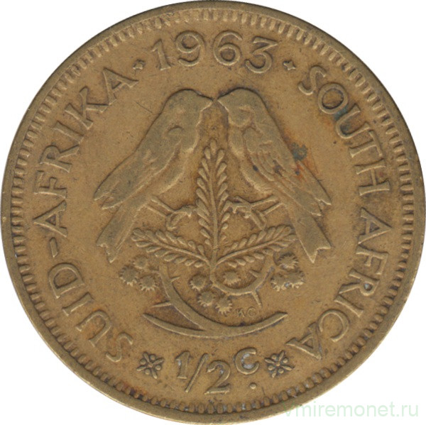 Монета. Южно-Африканская республика (ЮАР). 1/2 цента 1963 год.