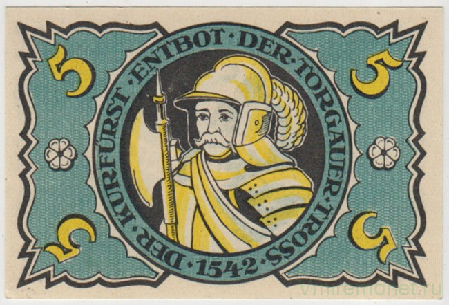 Бона. Нотгельд. Германия. Общество города Торгау. 5 пфеннигов 1921 год. Вариант 1331.2.1.1.