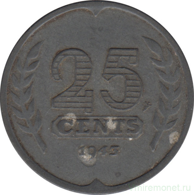 Монета. Нидерланды. 25 центов 1943 год. Цинк.