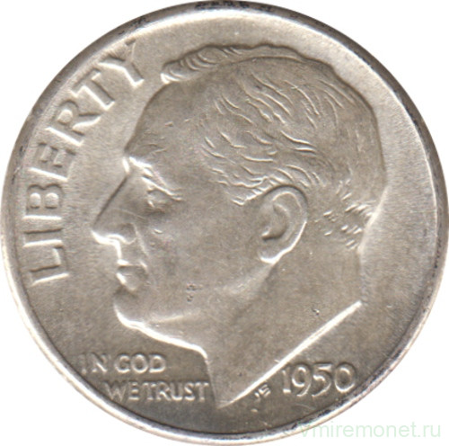 Монета. США. 10 центов 1950 год. Серебряный дайм Рузвельта. Монетный двор S.