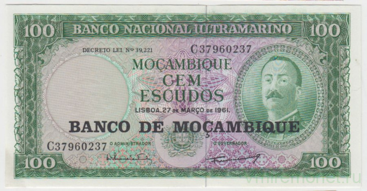 Банкнота. Мозамбик. 100 эскудо 1961 год.