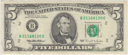 Банкнота. США. 5 долларов 1995 год. Серия B. Тип 498.