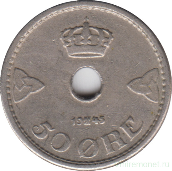 Монета. Норвегия. 50 эре 1945 год.