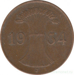 Монета. Германия. Веймарская республика. 1 рейхспфенниг 1934 год. Монетный двор - Гамбург (J).