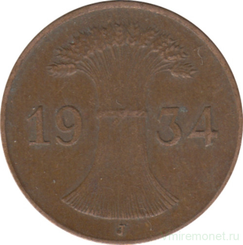 Монета. Германия. Веймарская республика. 1 рейхспфенниг 1934 год. Монетный двор - Гамбург (J).