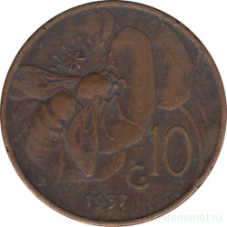 Монета. Италия. 10 чентезимо 1937 год. Старый тип.