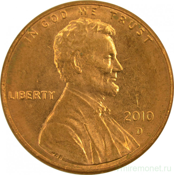 Монета. США. 1 цент 2010 год. Монетный двор D.