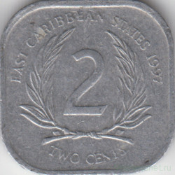 Монета. Восточные Карибские государства. 2 цента 1997 год.