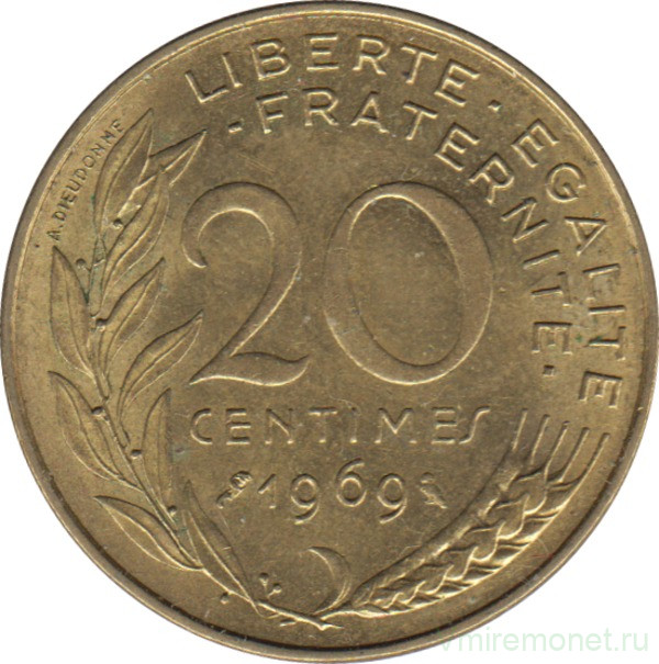 Монета. Франция. 20 сантимов 1969 год.