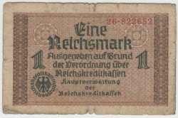 Банкнота. Германия. Третий рейх. Немецкие оккупационные деньги. 1 рейхсмарка 1939 - 1944 годы. Серийный номер - 2 цифры, точка, 6 цифр.