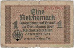 Банкнота. Германия. Третий рейх. Немецкие оккупационные деньги. 1 рейхсмарка 1939 - 1944 годы. Серийный номер - 2 цифры, точка, 6 цифр.