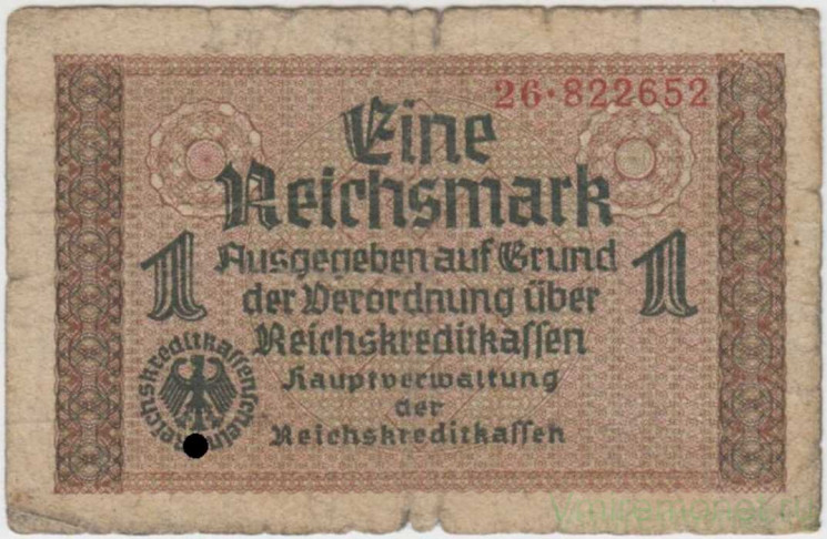 Банкнота. Германия. Третий рейх. Немецкие оккупационные деньги. 1 рейхсмарка 1939 - 1944 годы. Серийный номер - 2 цифры, точка, 6 цифр.