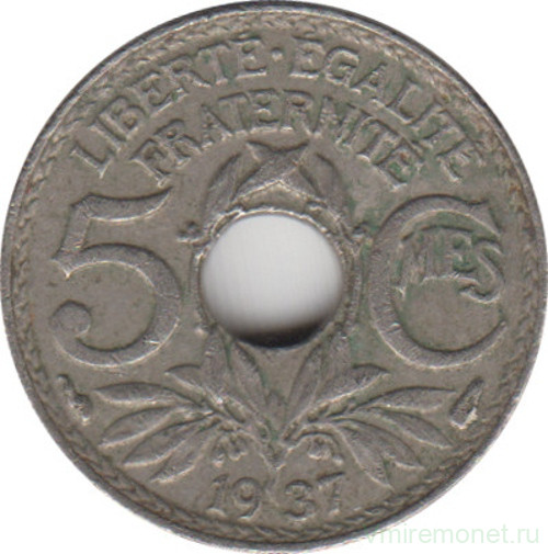 Монета. Франция. 5 сантимов 1937 год.