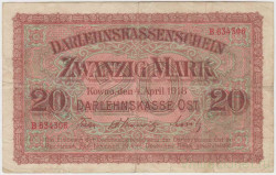 Банкнота. Литва (Ковно). Германская оккупация. 20 марок 1918 год. Тип R131.