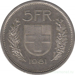 Монета. Швейцария. 5 франков 1981 год.