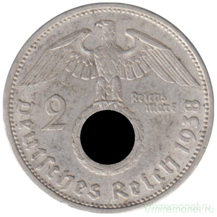 Монета. Германия. Третий Рейх. 2 рейхсмарки 1938 год. Монетный двор - Гамбург (J).