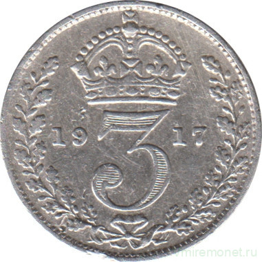 Монета. Великобритания. 3 пенса 1917 год.