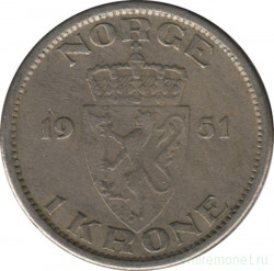 Монета. Норвегия. 1 крона 1951 год (новый тип).