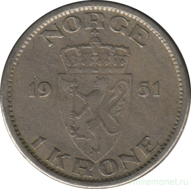 Монета. Норвегия. 1 крона 1951 год (новый тип).