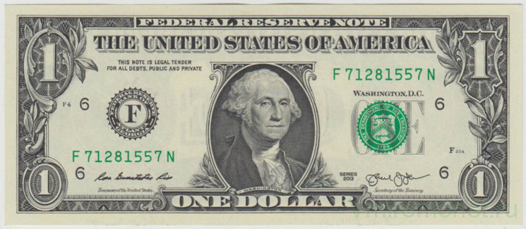 Банкнота. США. 1 доллар 2013 год. Серия F.