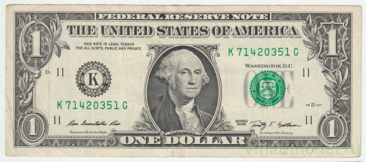 Банкнота. США. 1 доллар 2009 год. Серия К. Тип 530.