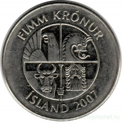 Монета. Исландия. 5 крон 2007 год.