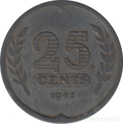 Монета. Нидерланды. 25 центов 1941 год. Цинк.