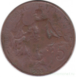 Монета. Франция. 5 сантимов 1903 год.  