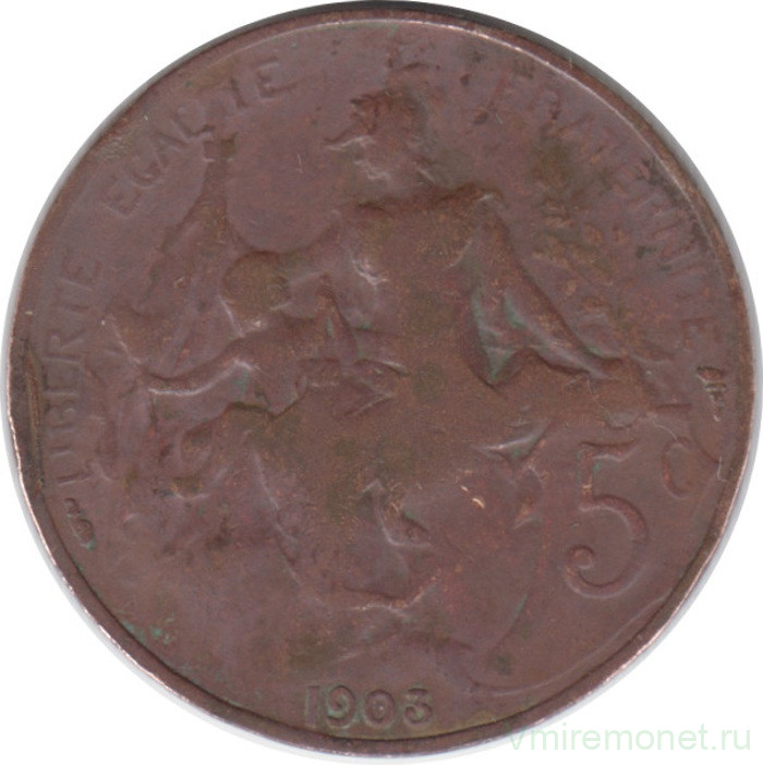 Монета. Франция. 5 сантимов 1903 год.  