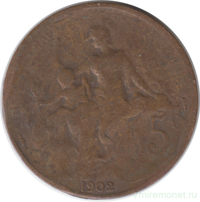 Монета. Франция. 5 сантимов 1902 год.