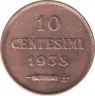 Монета. Сан-Марино. 10 чентезимо 1938 год. ав.