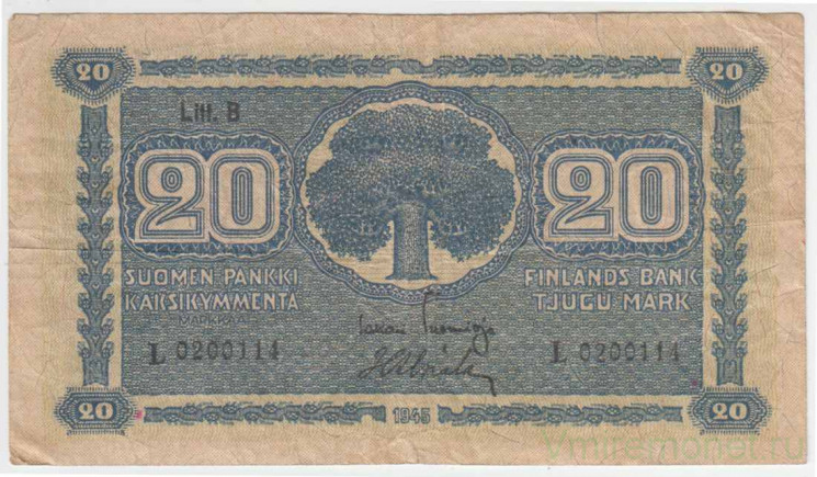 Банкнота. Финляндия. 20 марок 1945 год. Лит В. Тип 86(17).