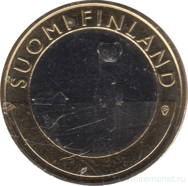 Монета. Финляндия. 5 евро 2015 год. Исторические регионы Финляндии.Животные, горностай.  Остроботния.