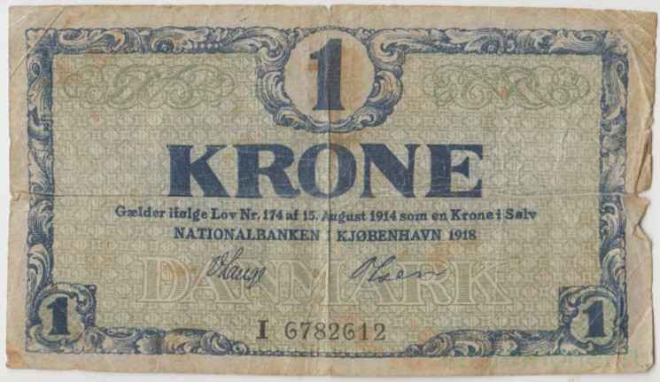 Банкнота. Дания. 1 крона 1918 год. Тип 12d.