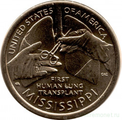 Монета. США. 1 доллар 2023 год. Американские инновации. Первая трансплантация легких человеку. Монетный двор D.