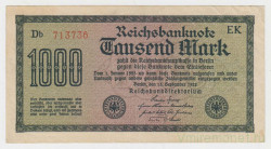Банкнота. Германия. Веймарская республика. 1000 марок 1922 год. Водяной знак - волна. Серийный номер - две буквы, шесть цифр (красные, крупные), две буквы.