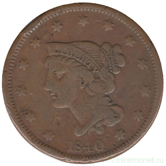 Монета. США. 1 цент 1840 год.