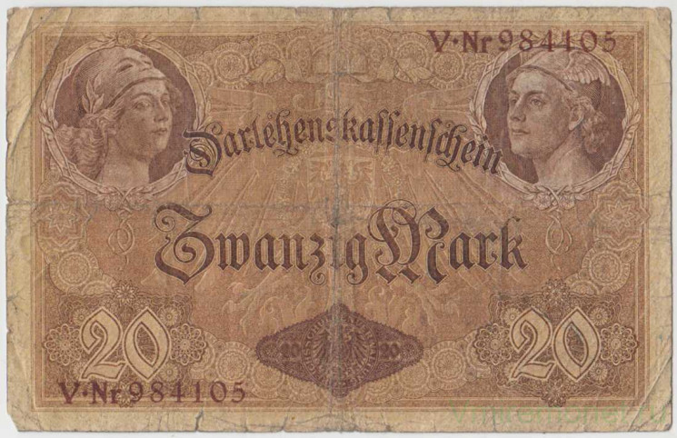 Банкнота. Кредитный билет. Германия. Германская империя (1871-1918). 20 марок 1914 год. Номер серии (шесть цифр и одна буква).