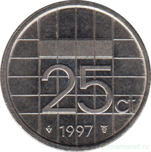 Монета. Нидерланды. 25 центов 1997 год.