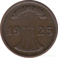 Монета. Германия. Веймарская республика. 2 рейхспфеннига 1925 год. Монетный двор - Штуттгарт (F).