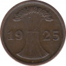 Монета. Германия. Веймарская республика. 2 рейхспфеннига 1925 год. Монетный двор - Штуттгарт (F). ав.