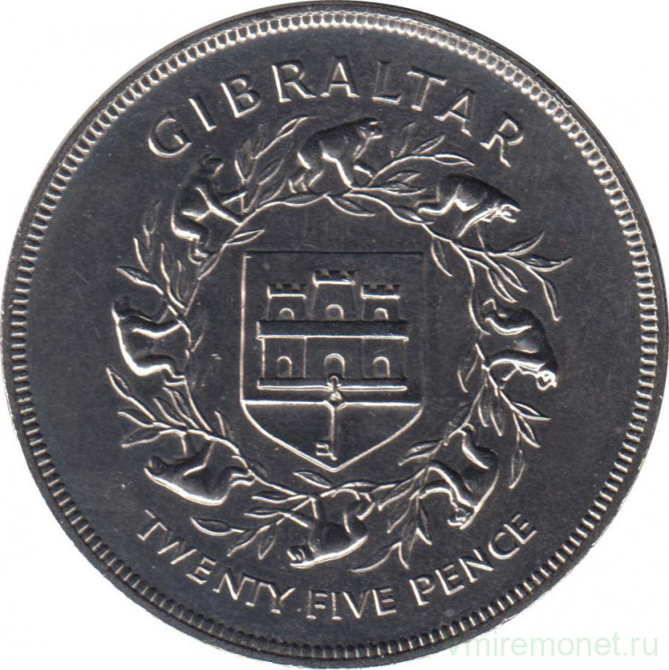 Монета. Гибралтар. 25 новых пенсов 1977 год. 25 лет правления королевы Елизаветы II.