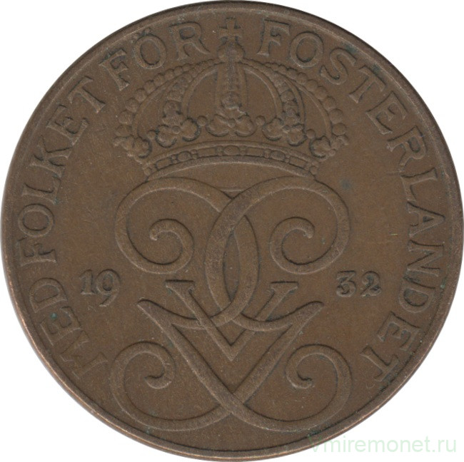 Монета. Швеция. 5 эре 1932 год.