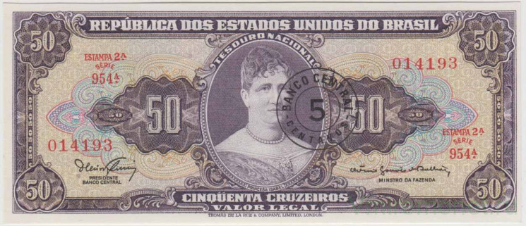 Банкнота. Бразилия. 5 сентаво на 50 крузейро 1966 год. Тип 184а.