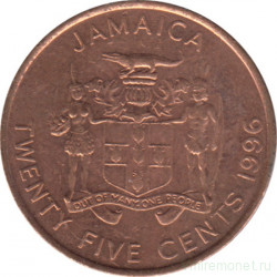 Монета. Ямайка. 25 центов 1996 год.