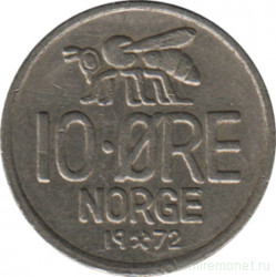 Монета. Норвегия. 10 эре 1972 год.